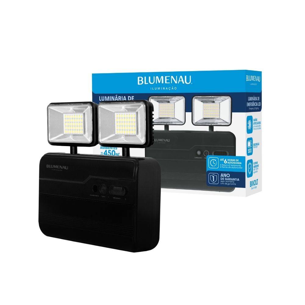 Luminária de Emergência LED 2.200 Lm 10W 2 Faróis Bivolt 6.500K - Preto