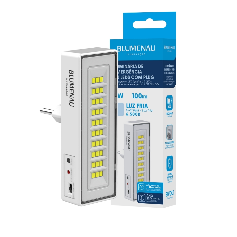 Luminária de Emergência 30 LEDs com Plug 1W 50/100lm Bivolt